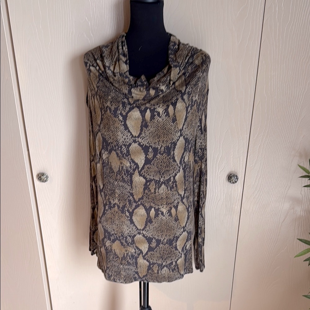 Snake Print Long Low Cowl Neck Sleeve Top